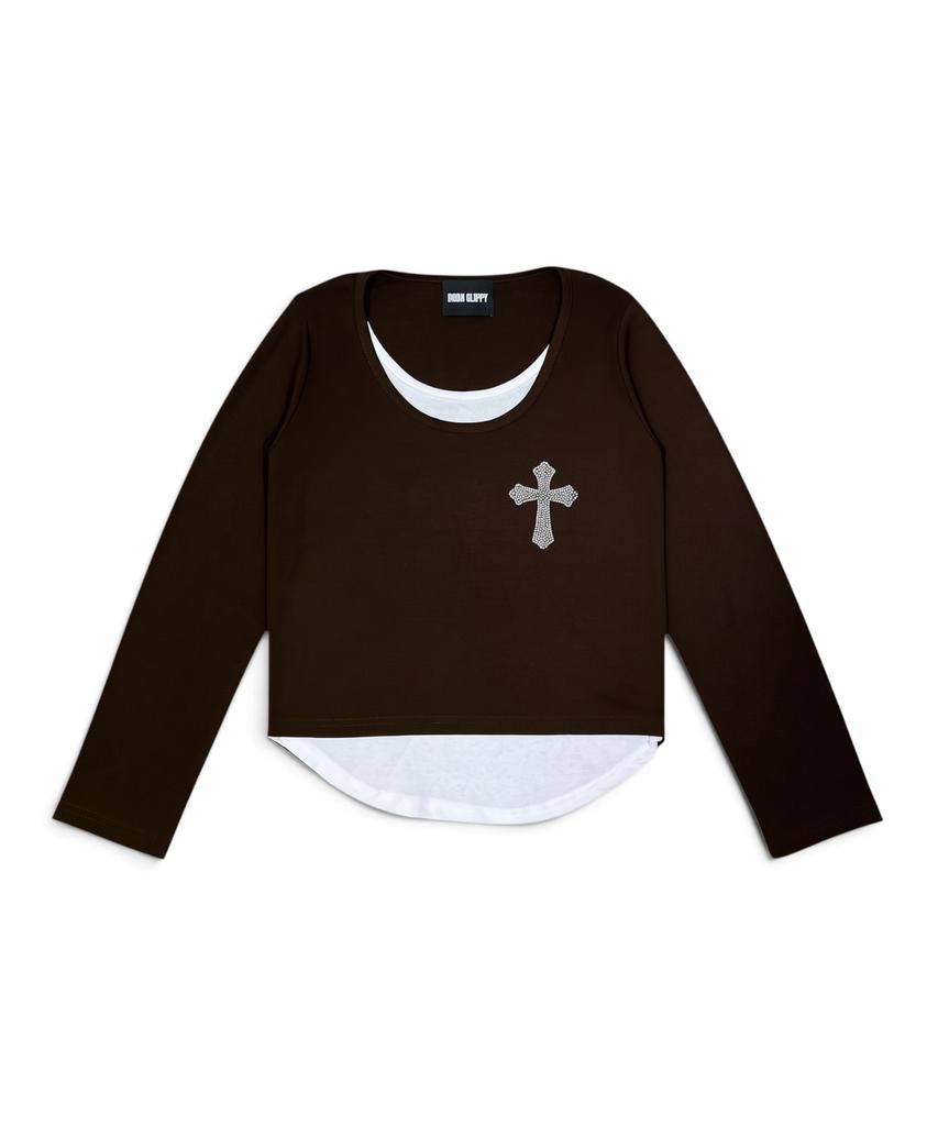 BORN SLIPPY Crystal Cross Layered Long Sleeve Tee (Brown)