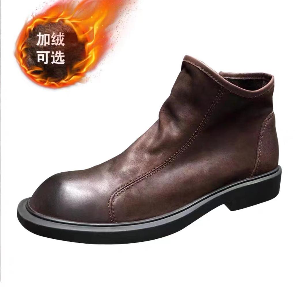 British leather boots men's shoes autumn and winter velvet medium top Martin boots sleeve zipper Chelsea soft leather casual leather boots