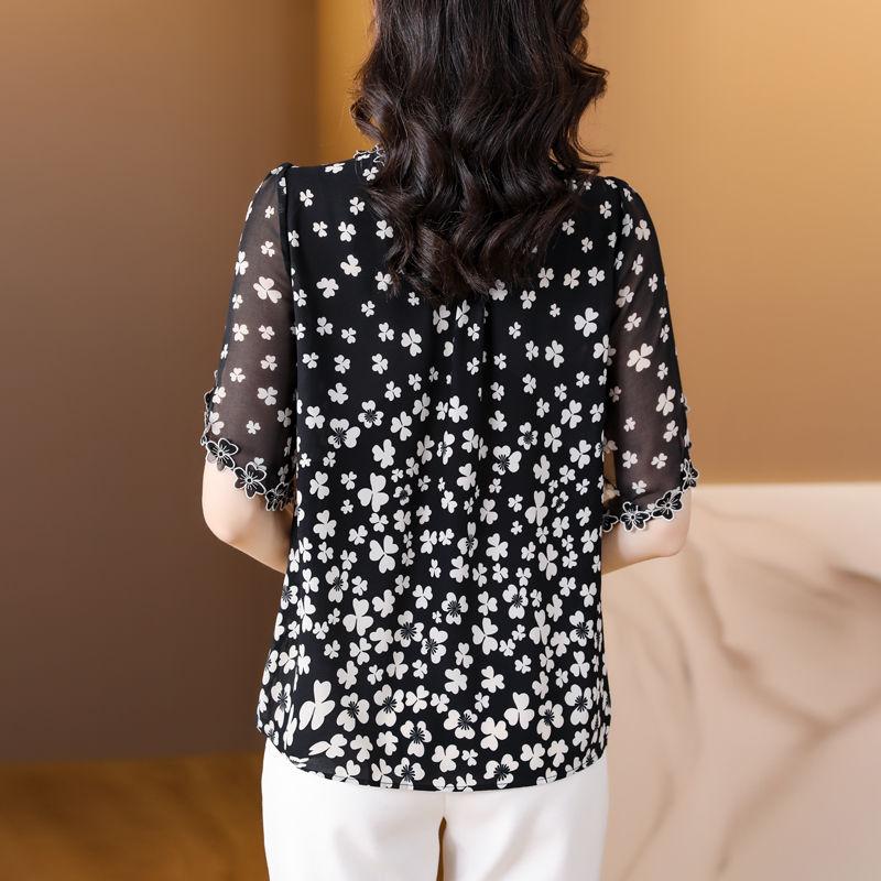 Thin French Floral Shirt for Women's Summer New Fashion Chiffon Blouse Short Sleeved Bottoming Top M-4XL