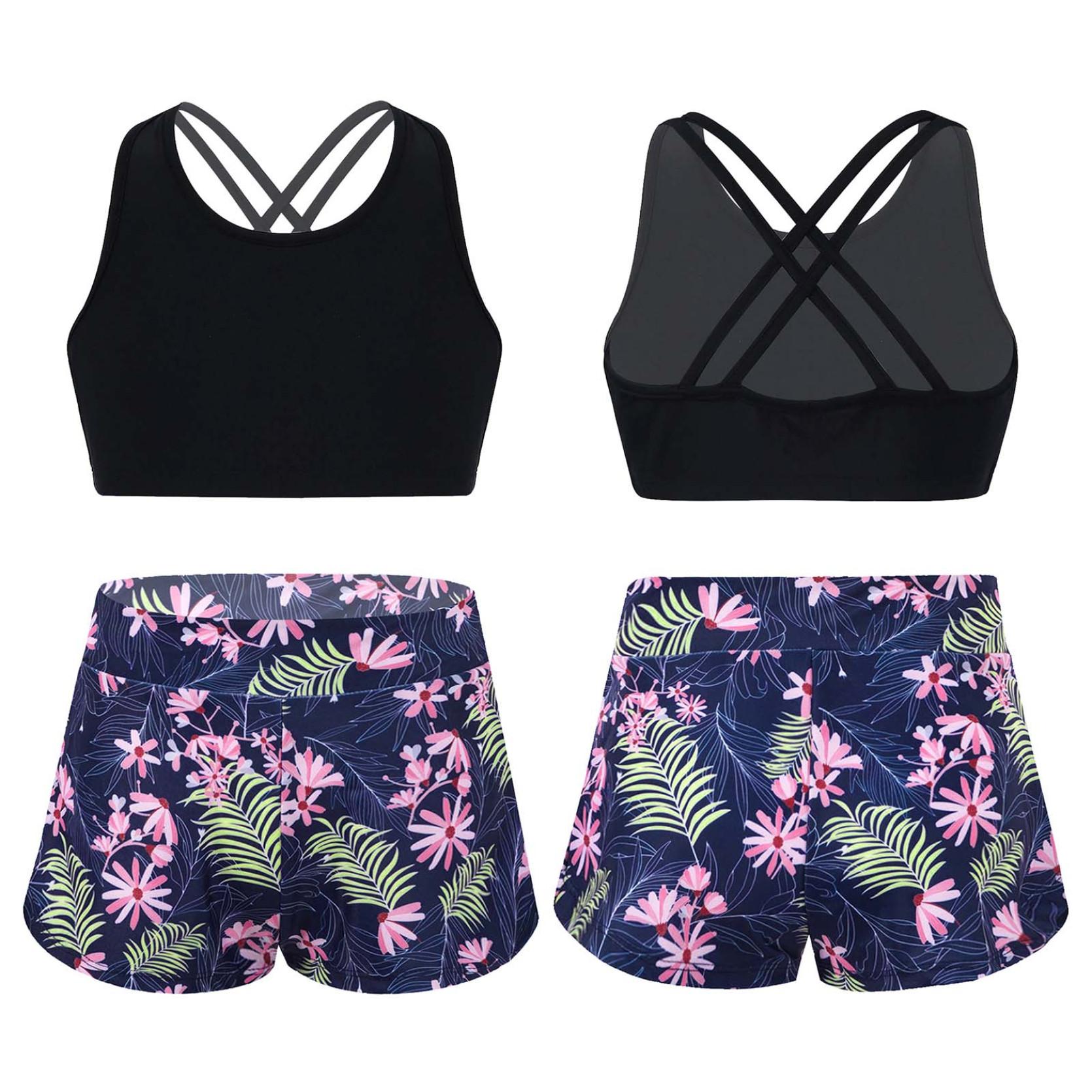 IEFiEL Kinderen meisjes bedrukte Rash Guard tankini sport crop top + zwemshort badpak strandbadkleding 13-14 Years