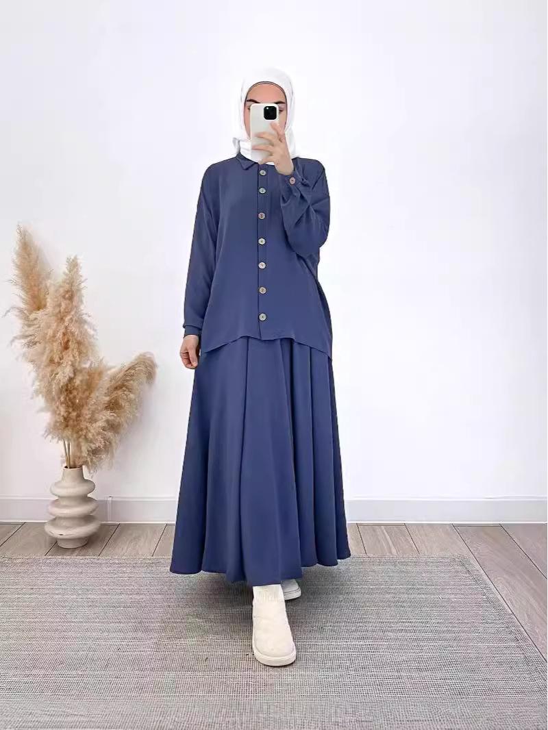 

Весенний мусульманский женский комплект 2024: Свободная рубашка с длинным рукавом и юбка миди цвета кэмел L