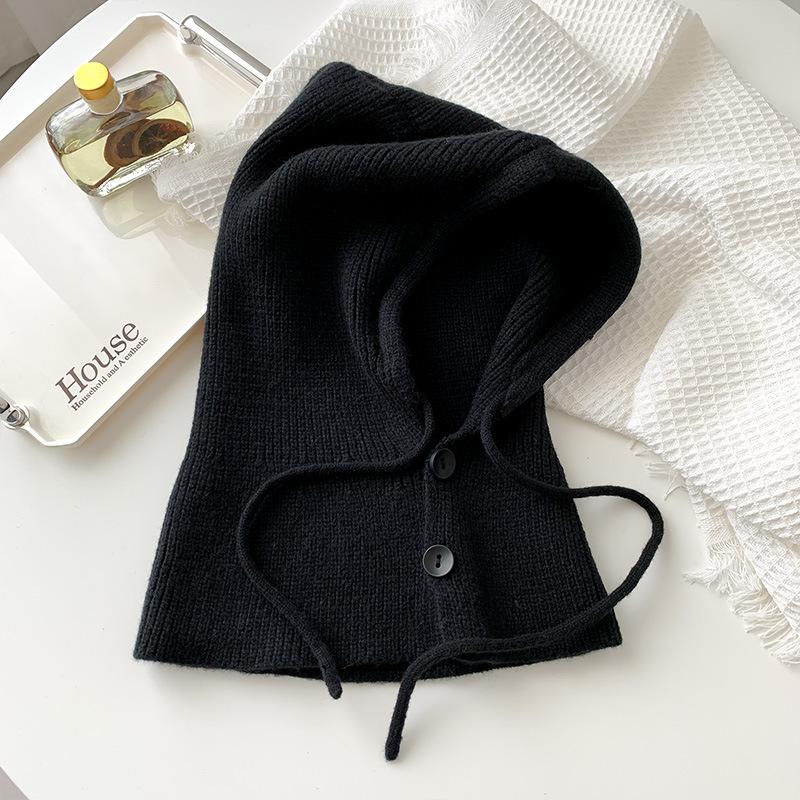 Korean balaclava hat for women, winter warm hat with integrated neck warmer, couple's style, ear protection, knitted wool hat
