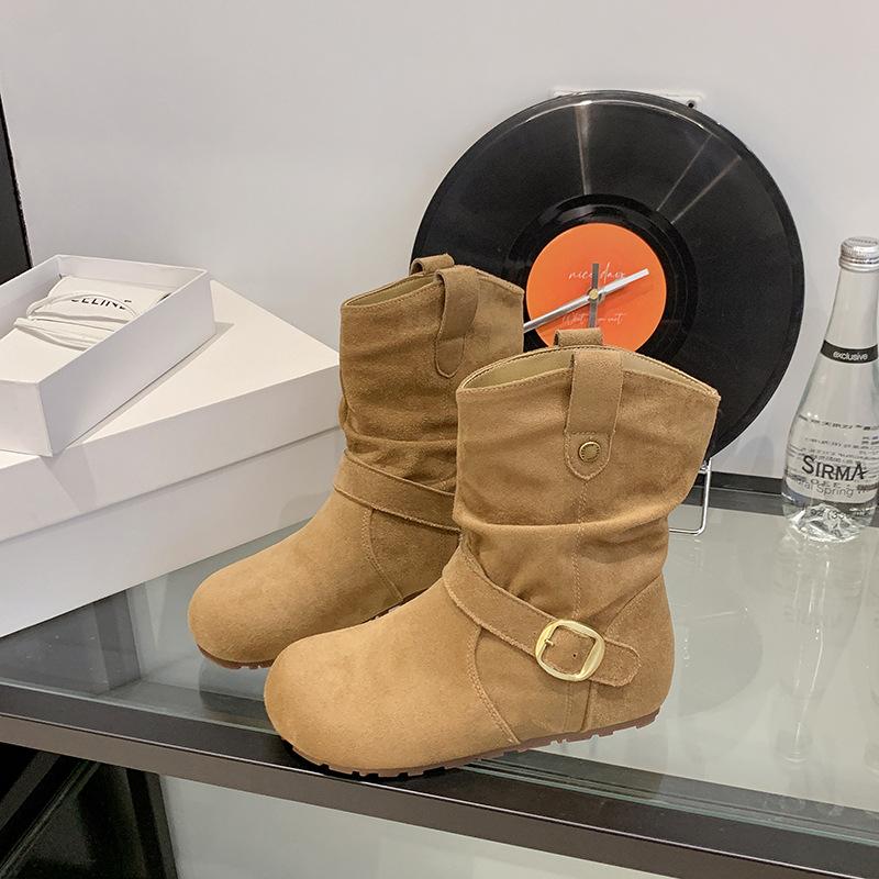 Western Cowboy Boots Martin Boots Women's Shoes Retro Suede Buckle 2025 New Autumn Design Pleated Small Short Boots