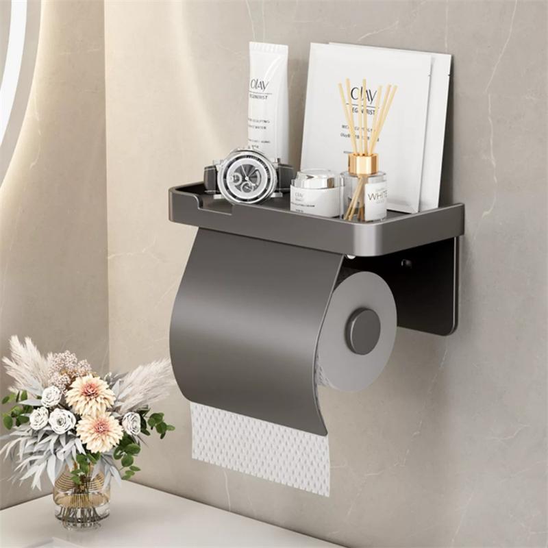 Gray Toilet Paper Holder with shelf Aluminum Black Tissue Paper Holder Milk Cream Paper Roll Holder With Phone Storage Shelf