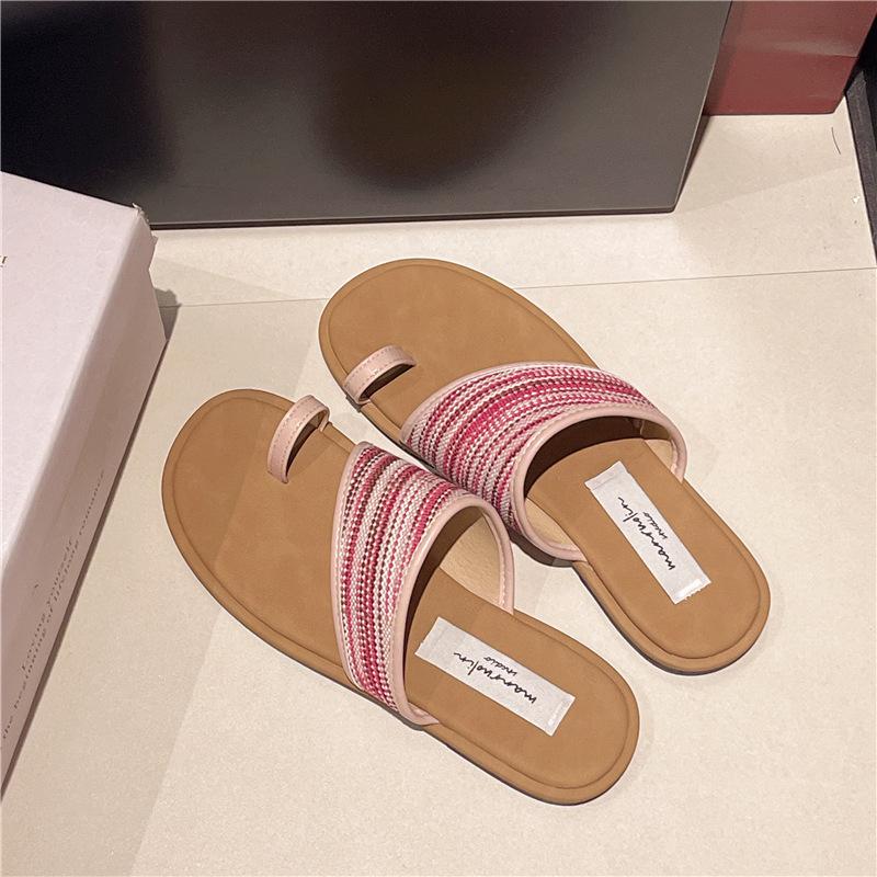 

Bohemian flat-bottomed woven toe slippers women s summer wear 2025 new beach shoes holiday cool slippers women 40 розовый