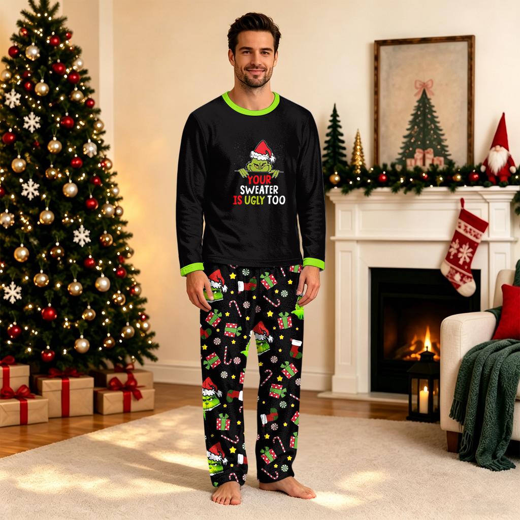 Parent-Child Matching Christmas Graphic Print Plush Loungewear Set for Holiday Sleepwear