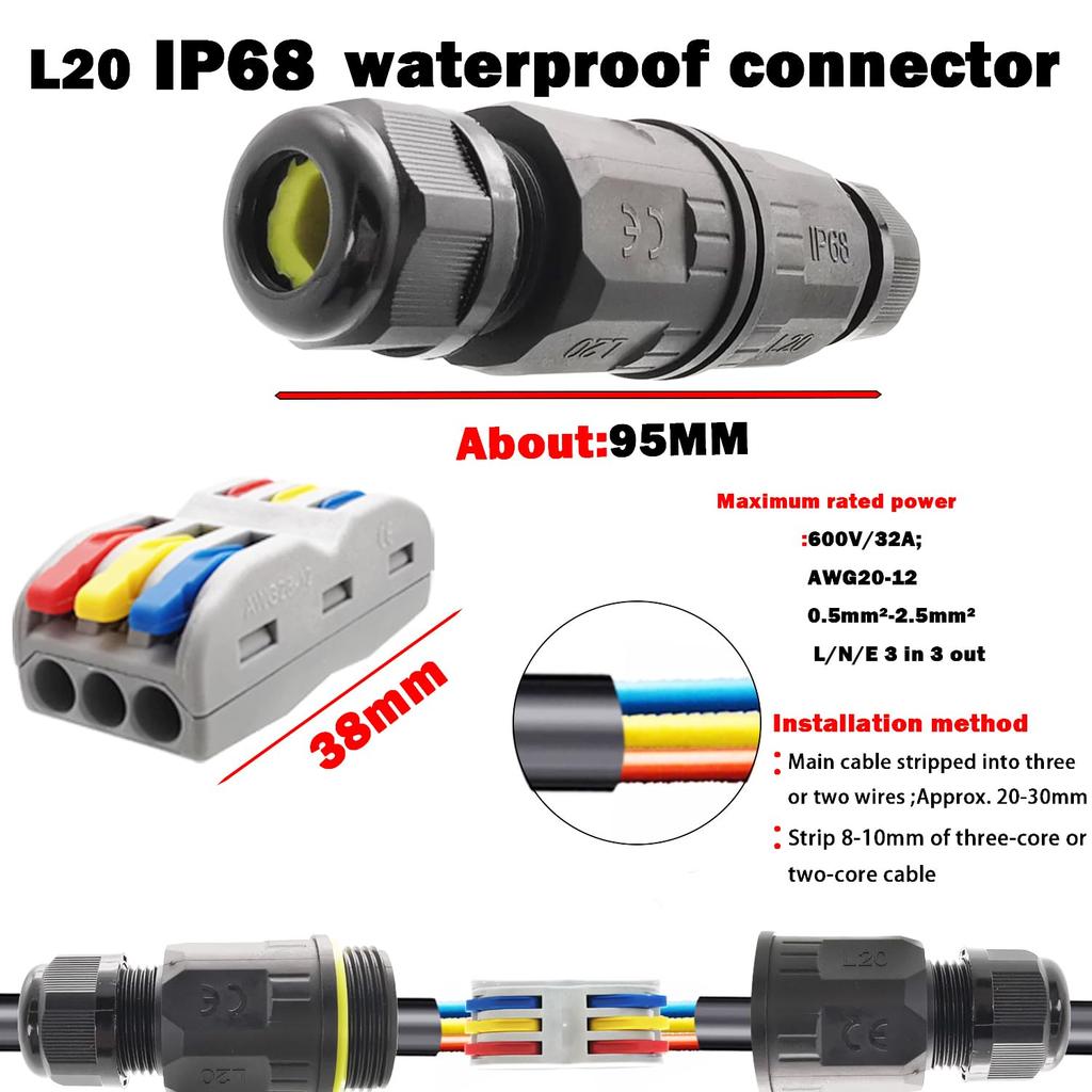 Waterproof Connectors CTRICALVER 3 Pin Push-in Terminal, L20 Direct Through, IP68, For Cable Diameter