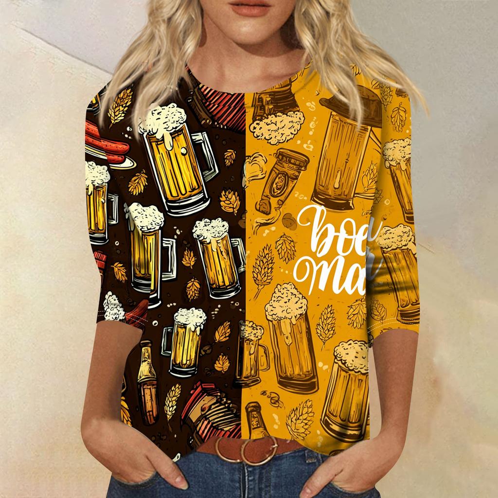 Womens Casual Crew Neck Three Quarter Sleeve Printed Top Relaxed Fit Soft Lightweight Festival Theme T Shirt Blouse