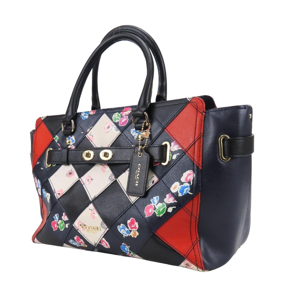 Used COACH Handbag Patchwork Flower F38210 Leather Black Navy Shoulder