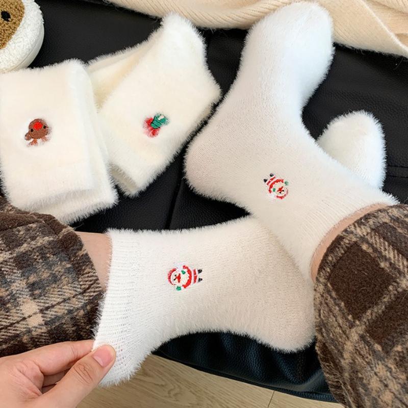 5 Pairs of Women'S Christmas Socks, White Furry Embroidered Holiday Socks, Warm Thick Fleece Fabric, Holiday Socks