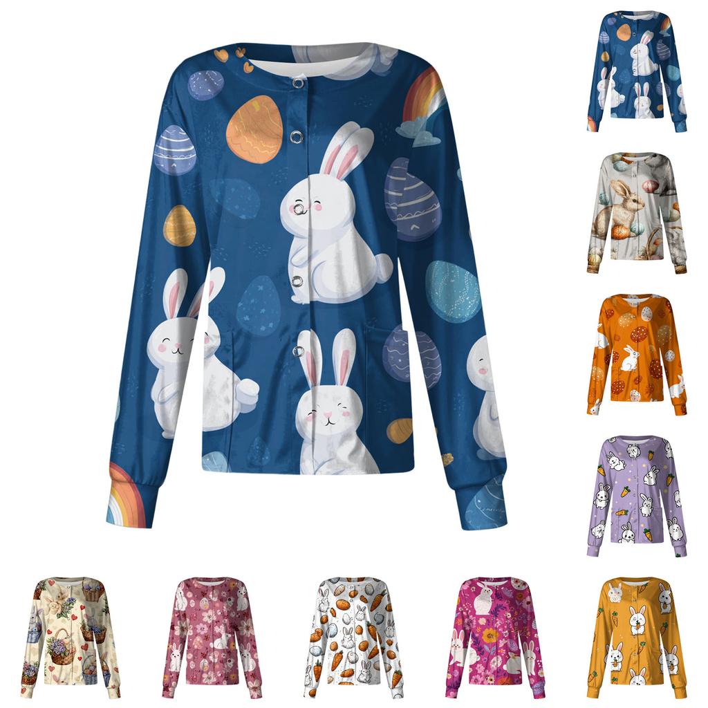 Damen Lässig Langärmlig Einreihig Bedruckt Schutzkleidung Cardigan Top