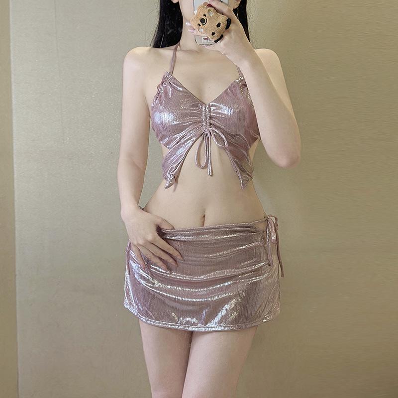2024 Iridescent Pink Mermaid Bikini Skirt - Sexy Y2K Swimsuit for Women, Perfect for Hot Spring Vacations