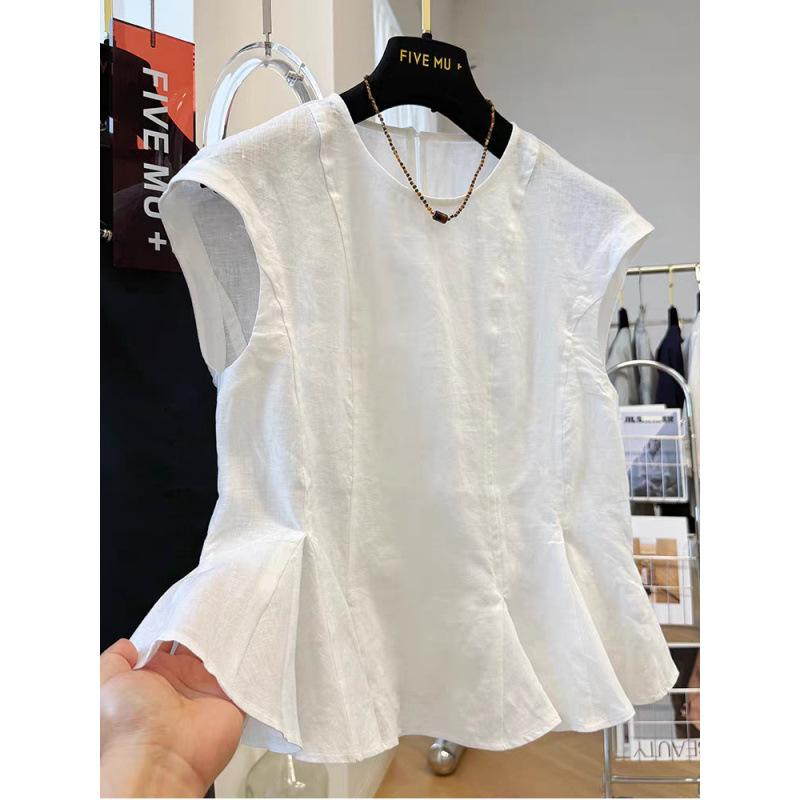 Women Summer Round Neck Sleeveless Ruffled Hem Casual Vest Blouse Top M