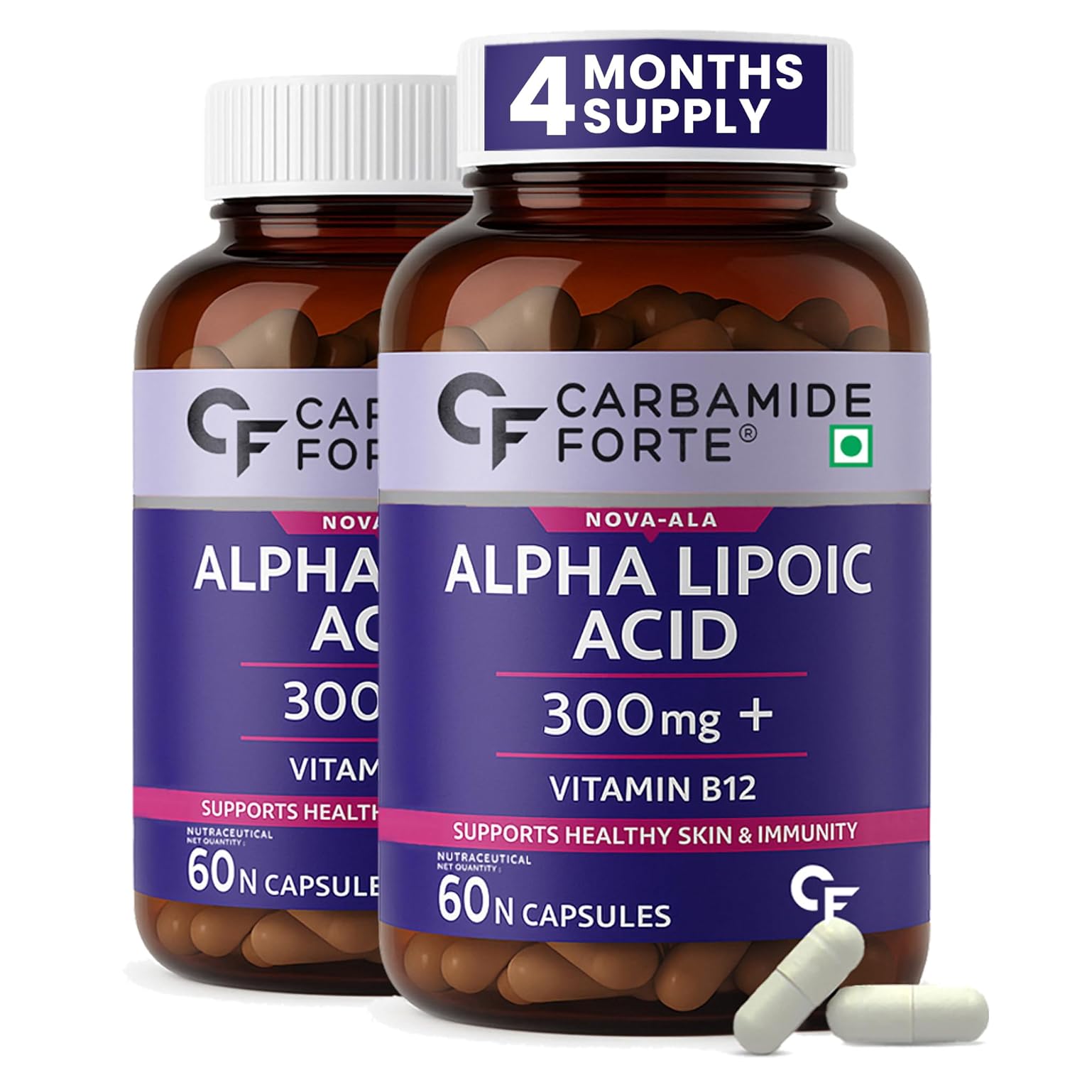 

Carbamide Forte Alpha Lipoic Acid 300mg ALA Capsules with Vitamin B12 for Energy & Immunity 60 Veg Capsules Pack of 2