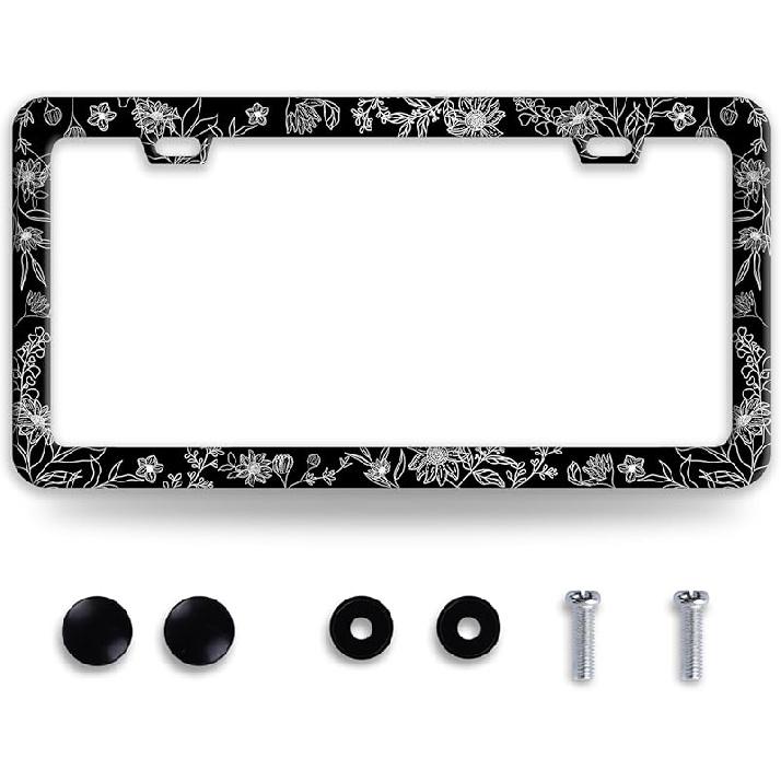 Line Art Flowers License Plate Frame Beautiful Floral License Plate Frames Funny Stainless Steel Accessories Cars Decor With 2 Holes And Screws Fits