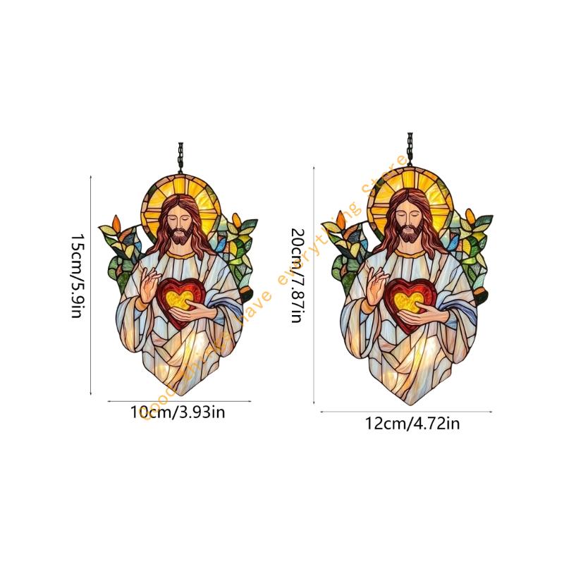 Stained Glass Window Hanging Christ Jesuses Suncatchers Colorful Glass Panel with Metal Chain for Yard Garden Ornament 55KF