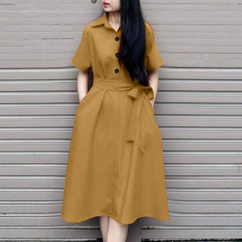ZANZEA Women Casual Turn Down Collar Loose Short Sleeve Shirt Dress