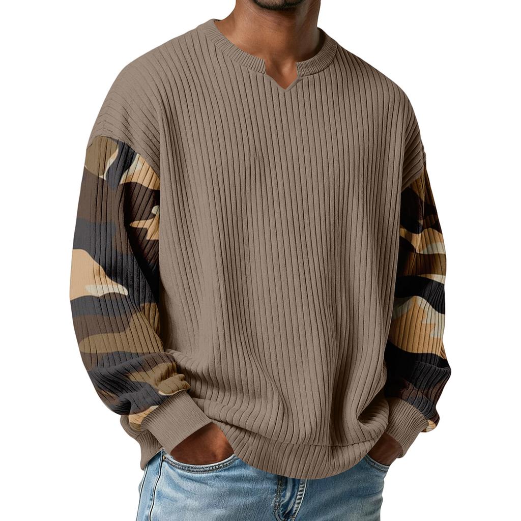 Herren Camouflage Stilvolles V-Ausschnitt Geripptes Strukturiertes Langarm-T-Shirt