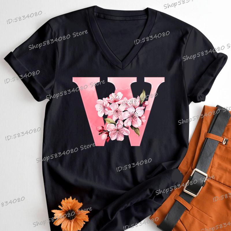 Pink Sakura Alphabet Shirts Gift for Women Letter S Floral Monogram Cartoon Tshirt Cherry Blossom Letters A B C D Casual Tops