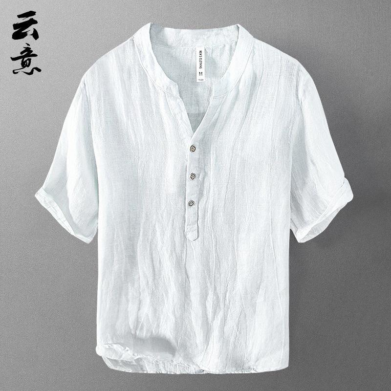 Mens Light Blue Linen Blend Henley Neck Short Sleeve Shirt M белый