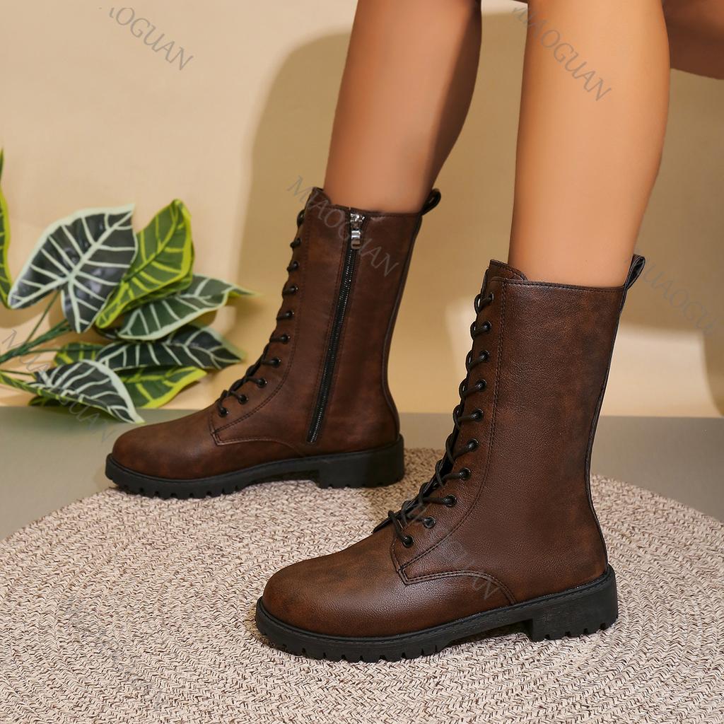 Herbst Damen Mid-Calf Stiefel Große Größe Seitenreißverschluss Britischer Stil Retro Runde Spitze Ritterstiefel Lässig Einfarbig Kurze Stiefel