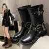 Belt Buckle Coarse Heel Martin Boots Women's Retro But Knee Short Boots Western Belt Buckle Boots Women
