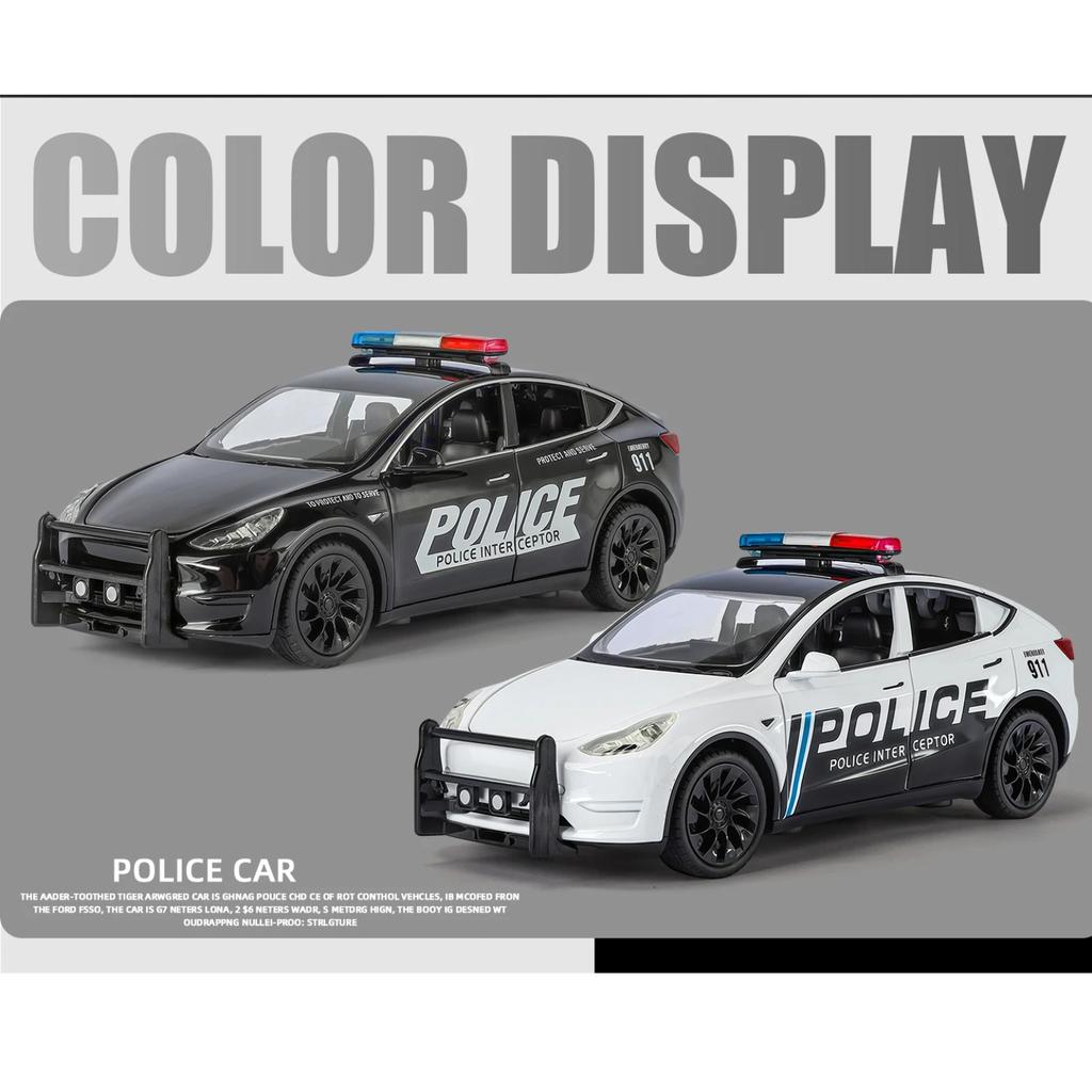 1/24 Metal Die-cast Tesla Armored Police Car Model Simulation Sound and Light Door Can Open Children's Toys Ornaments Birthday Gift