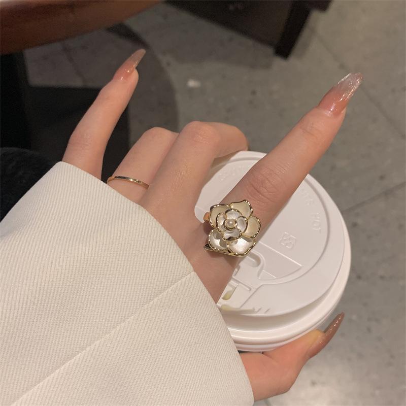 French Pearl Niche Design Camellia Index Finger Flower Ring Women S Light Luxury Exquisite High Sense Fashion Personality