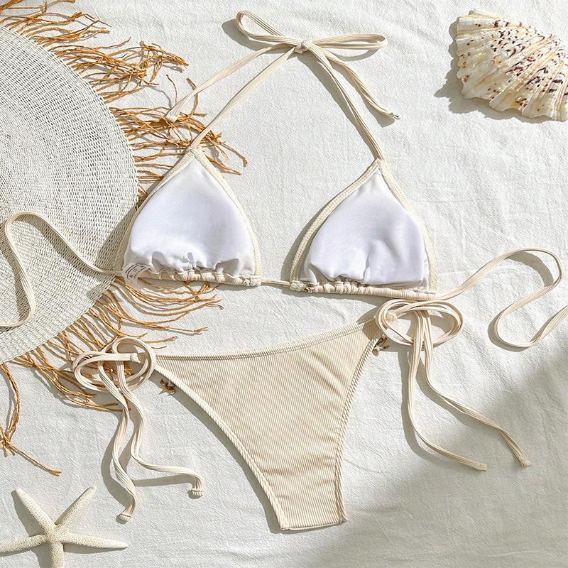 European & American 2025 Women's Solid Color Lace-Up Sexy Three-Piece Bikini Swimsuit