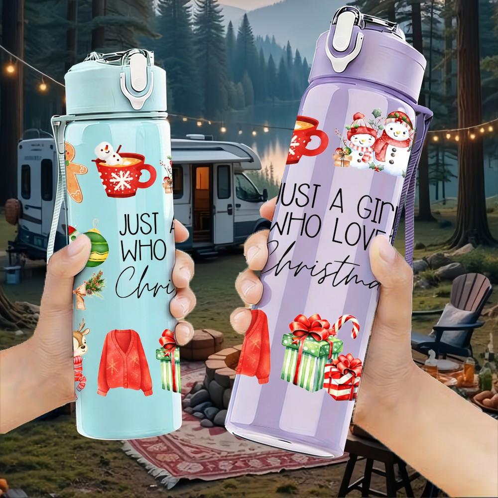 1PC Christmas Gingerbread House Pattern 750ml Color Plastic Sports Water Bottle Leakproof Flip Straw Lid Suitable for Sports Office Home Use