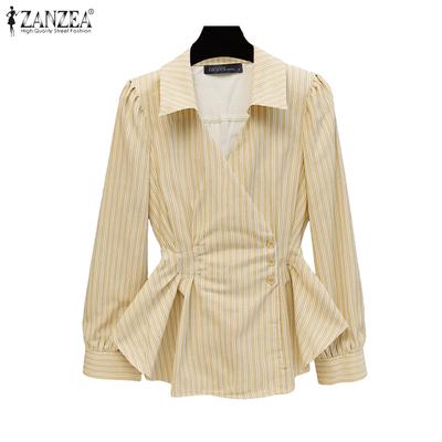 Women Classic Collar Casual Long Sleeve Stripe Blouse