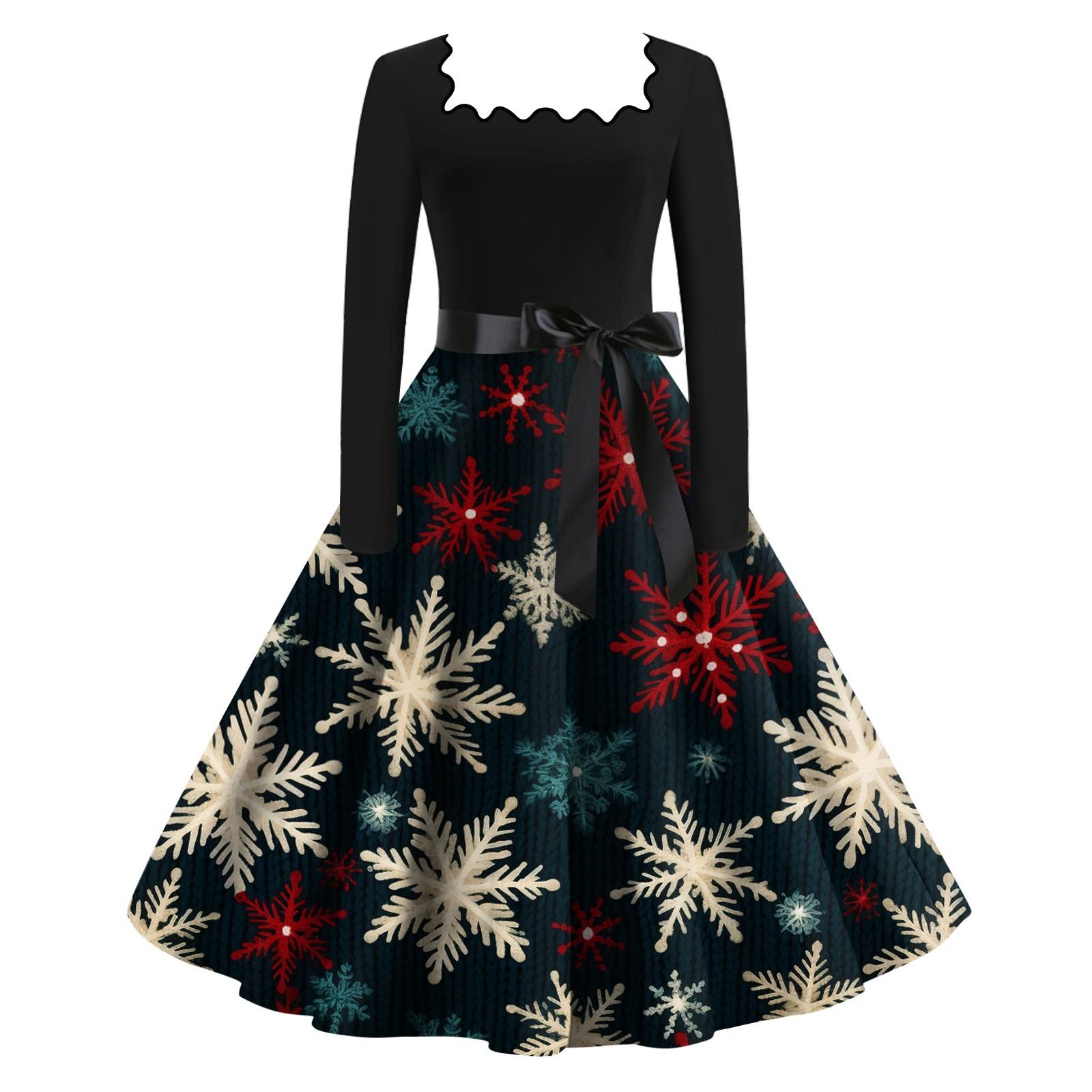 

Женские повседневные модные платья с длинными рукавами и рождественским принтом с квадратным вырезом в винтажном стиле S