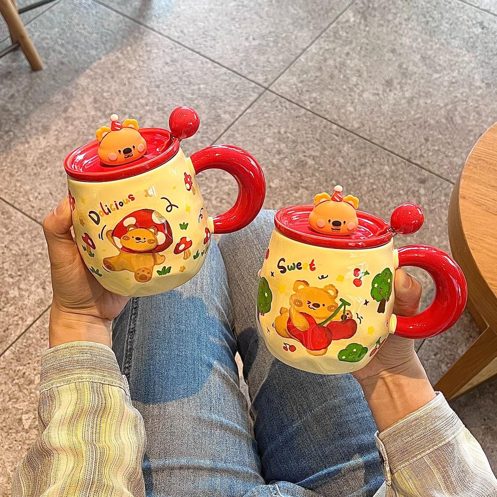 Cute Bear Mug With Lid Spoon High Value Ceramic Water Cup Girls Household Cup Coffee Breakfast Cup Children