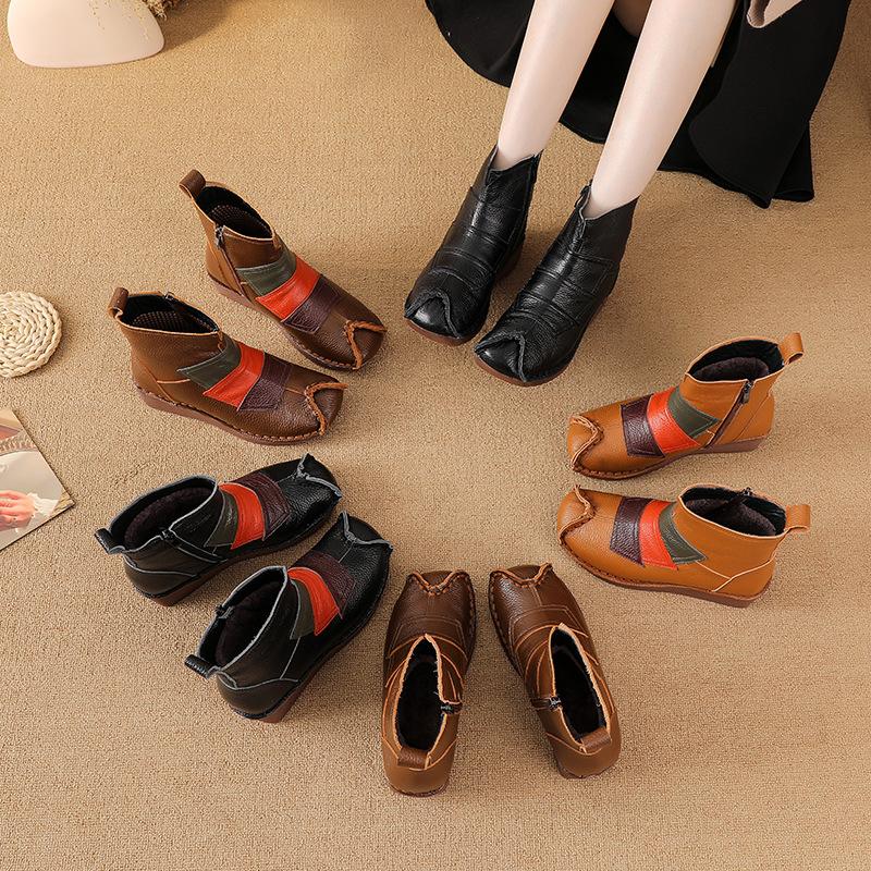 Johnature Ethnic Style Mixed Colors Genuine Leather Wedges Short Boots Warm Comfortable Women's Cotton Shoes