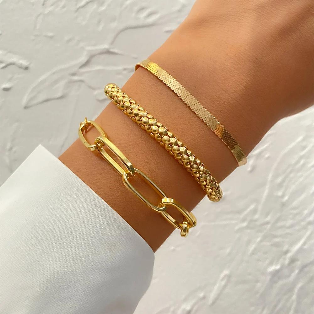 3PCS Fashion Thick Chain Link Bracelets for Women Vintage Snake Chain Gold Color Silver Color Bangles Bracelets Set Punk Jewelry