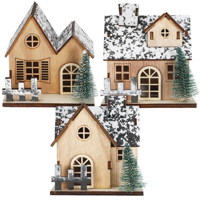 LED Wooden Christmas House Village Unfinished Xmas Snow House DIY Wood Chalet Tree Ornaments Christmas Table Centerpieces