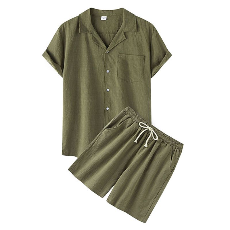 

Two-Piece Lapel Short Sleeve Lapel Short Sleeve Shirt Shorts Two-piece Set Army Green M