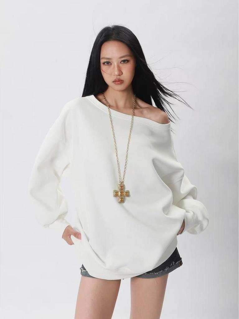 Women's Oversized One-Shoulder American Street Style Hoodie for Spring/Autumn