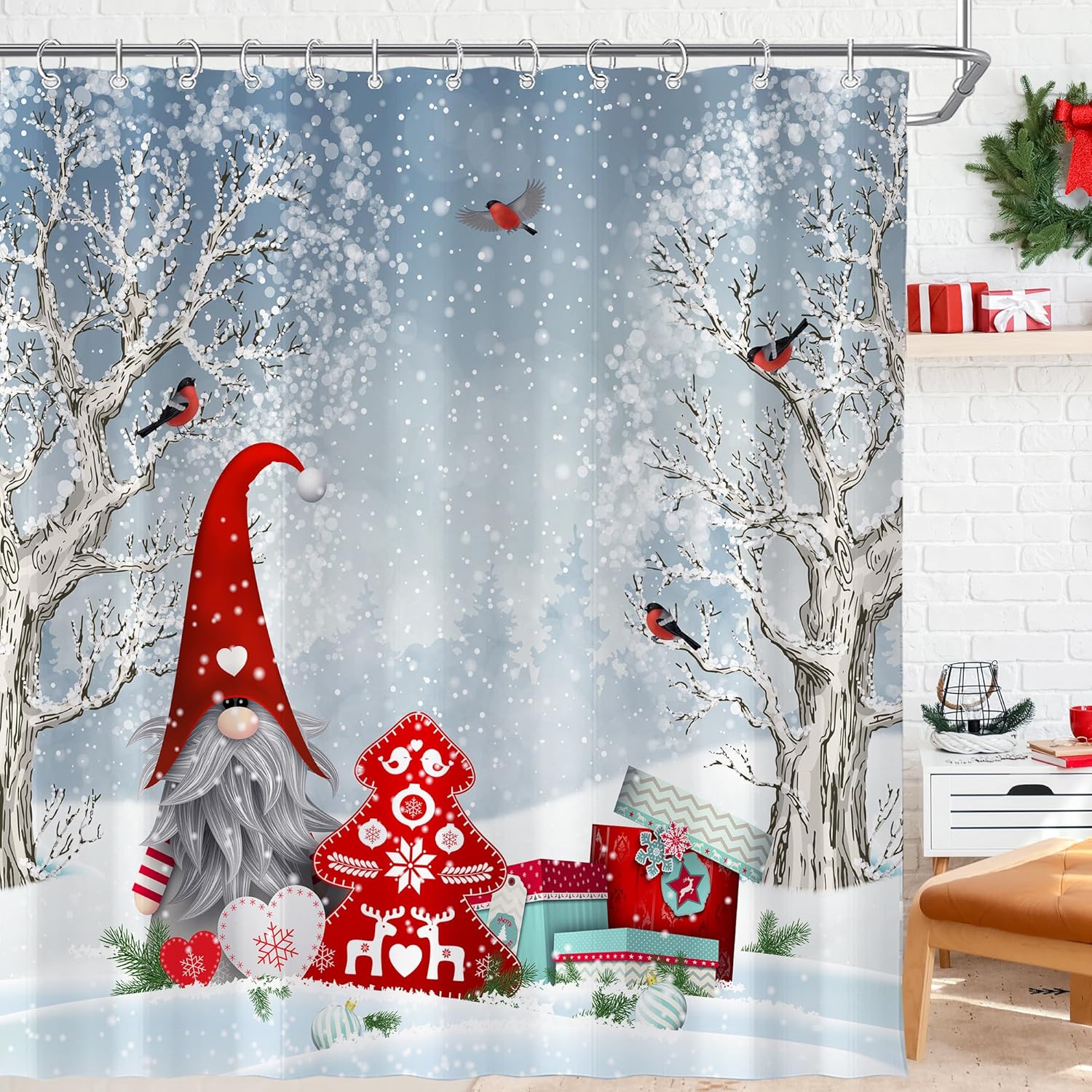 

Christmas Gnome Shower Curtain With Snowy Forest Scene Red And White Design Holiday Bathroom Decor Festive Winter Theme Water W60H190(CM)-1 Pcs