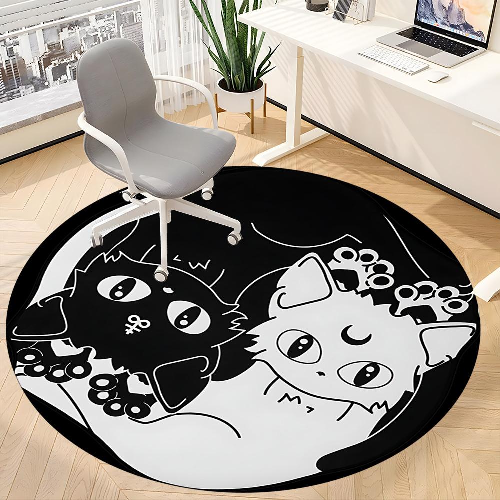 1pc Yin Yang Black White Cats Office Round Area Rug, Indoor Mat Suitable For Office, Under Office Chairs Bedroom Living Room Home Decor, Room Deco
