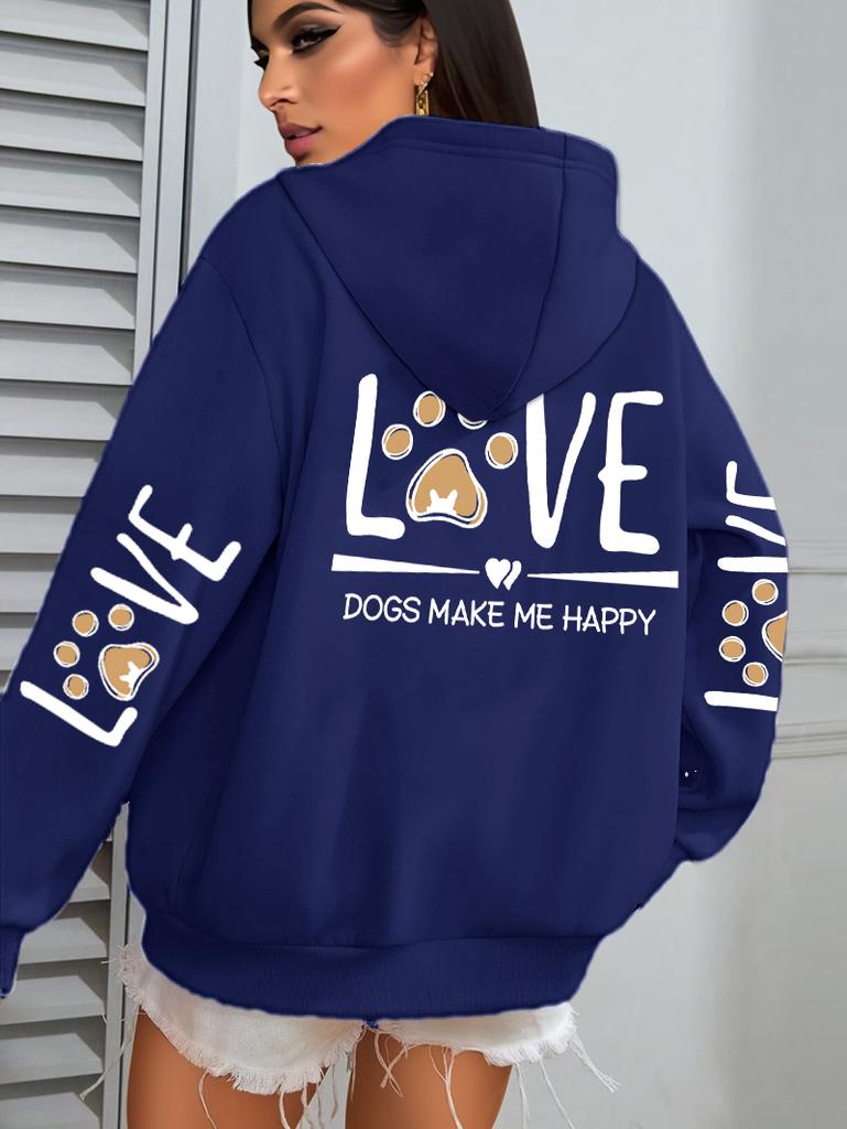 Love Dogs Make Me Happy Pattern Women Hoodie Autumn Multicolor Hoodies Casual All-Match Streetwear Fleece Pocket Woman Hoody