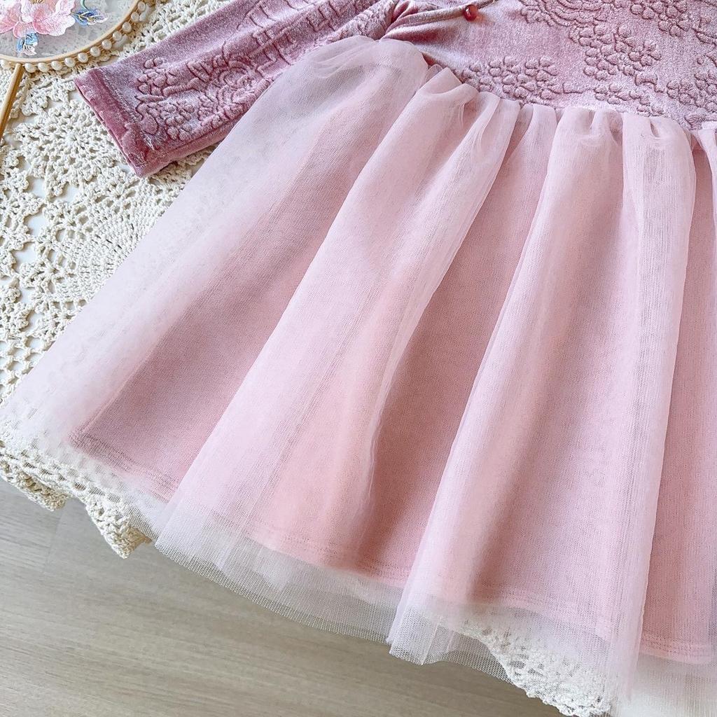 Girls' Winter Hanfu-Style Long Sleeve Mesh Dress