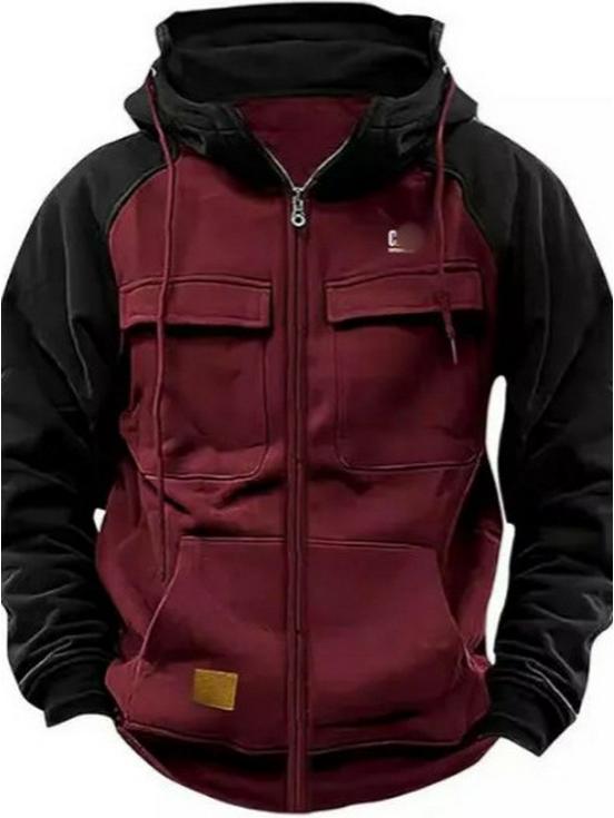 Herren Kapuzen-Sweatshirt mit mehreren Taschen: Europäischer & Amerikanischer Stil, Patchwork-Design, Frühjahrs- & Herbstbekleidung.