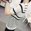 Ice Silk Sweater Girls Thin Short-sleeved Hollow Top Summer Loose Striped T-shirt Fashion and Elegant