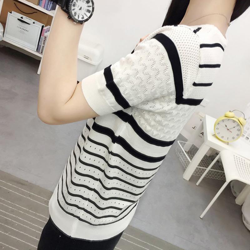 Ice Silk Sweater Girls Thin Short-sleeved Hollow Top Summer Loose Striped T-shirt Fashion and Elegant