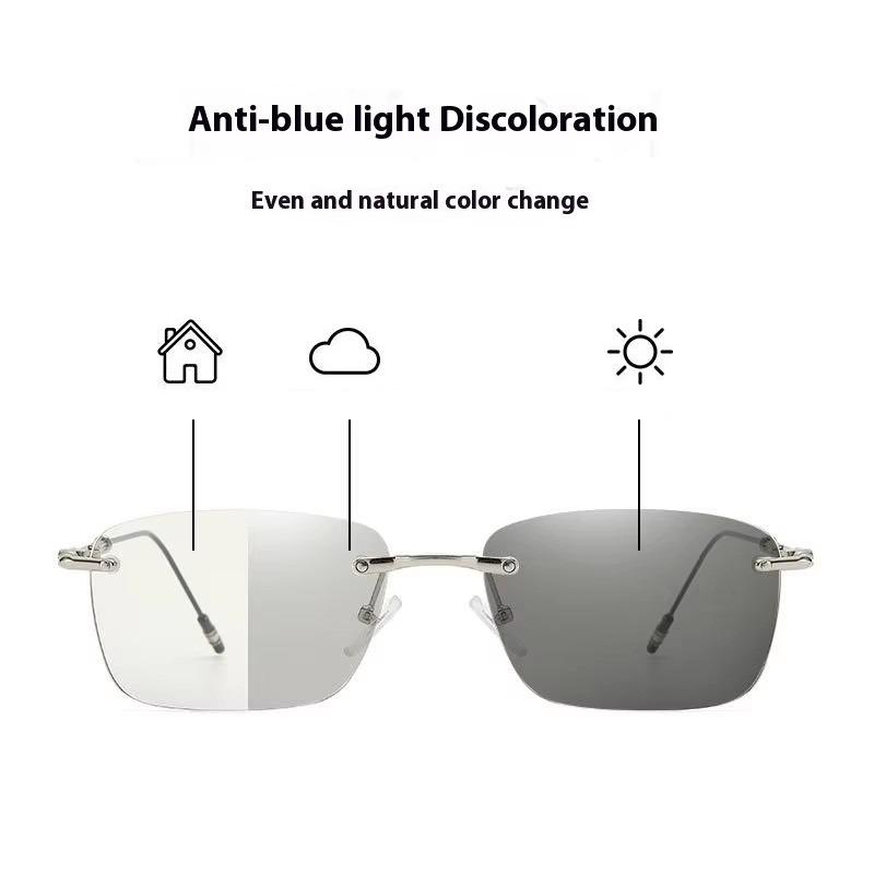 Vintage Unisex Rimless Photochromic Computer Glasses Anti-blue Light Outdoor Ultra Light Color-changing Flat Lens Eyewear