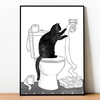 Chat Noir Animal aux Toilettes Affiches Décoration d'Ameublement de Maison Imprimé Maximaliste Cadeau Amoureux des Chats Photos pour Salle de Bain Décoration de Maison