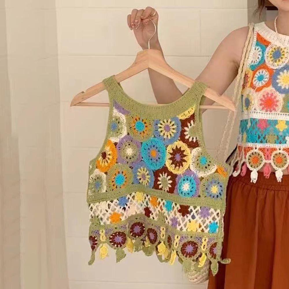 Gilet lavorato a maglia traforato bohémien estivo Crop top da donna Camicetta senza maniche floreale da donna Top corto all'uncinetto con nappe