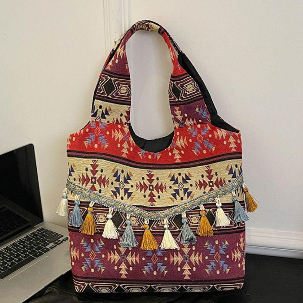 Retro Tassel Shoulder Bag Cloth Bohemian Messenger Bag Portable Ethnic Style Vest Bag  Women