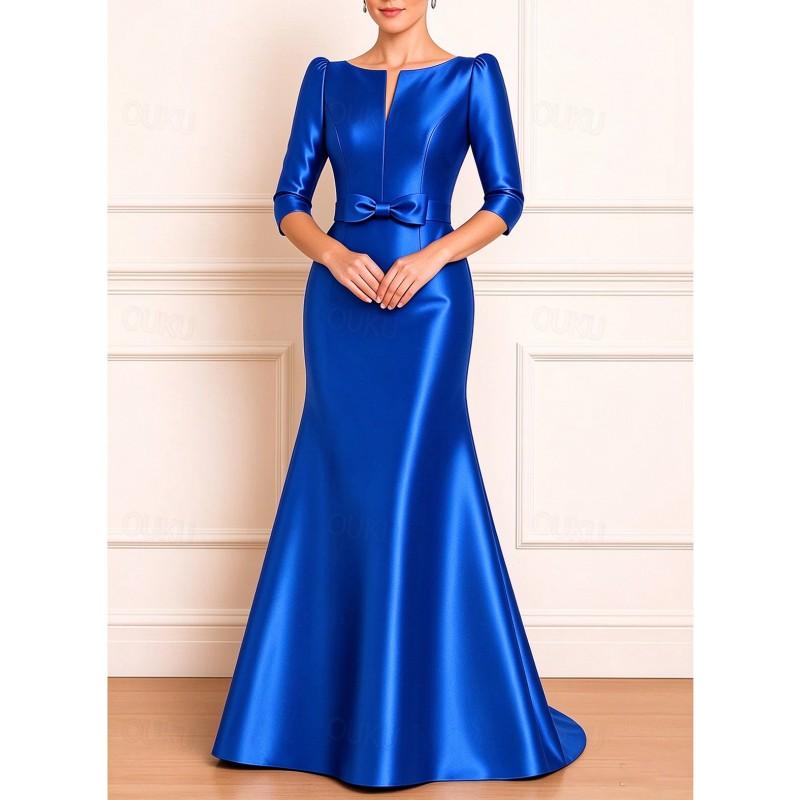Womens Satin Evening Dress Long Sleeve Bow A-line Elegant Gown Party